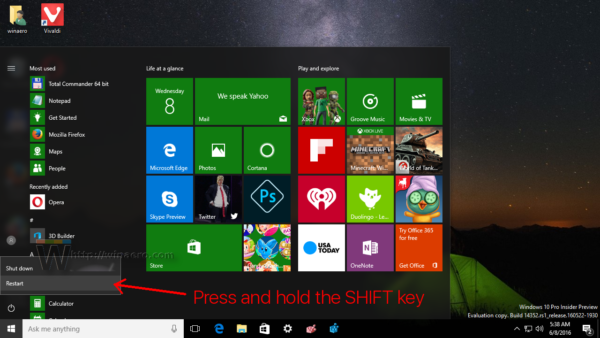 Windows 10 Start menu Restart item hold shift