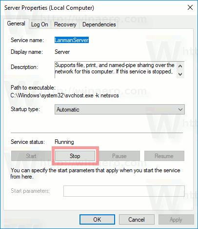 Windows 10 Stop Service Button