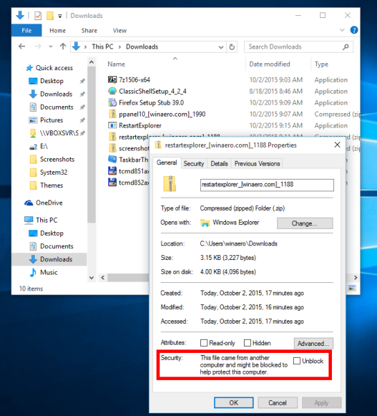 Windows 10 unblock a file