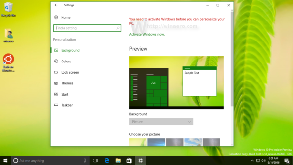Windows 10 wallpaper is set in Windows 10 not activated 2