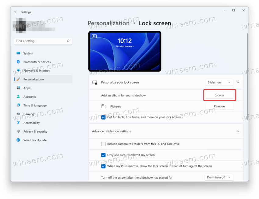 Windows 11 Lock Screen SlideShow - browse for folders