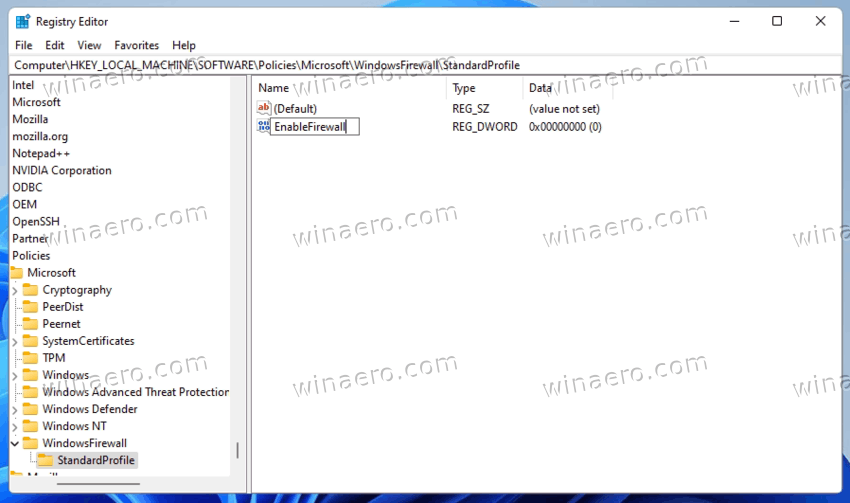 Disable Firewall in Registry on Windows 11