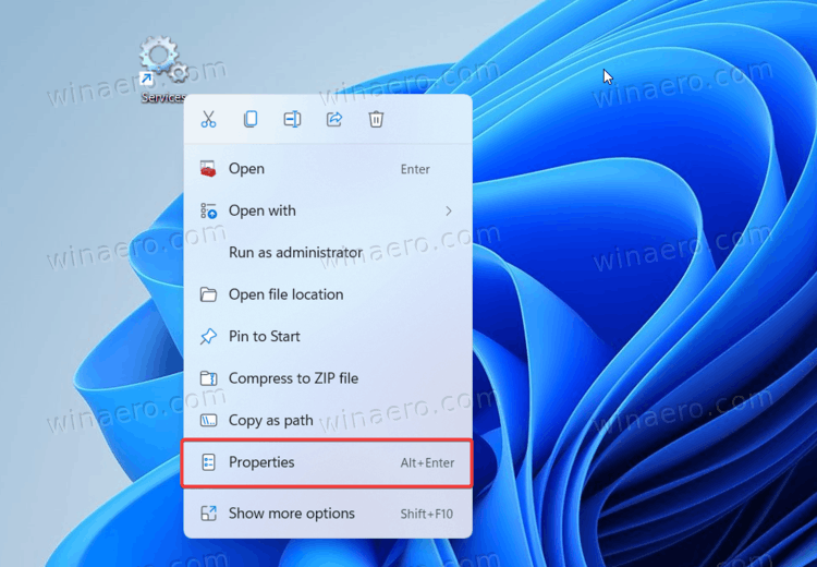 Windows 11 Services Shortcut Properties