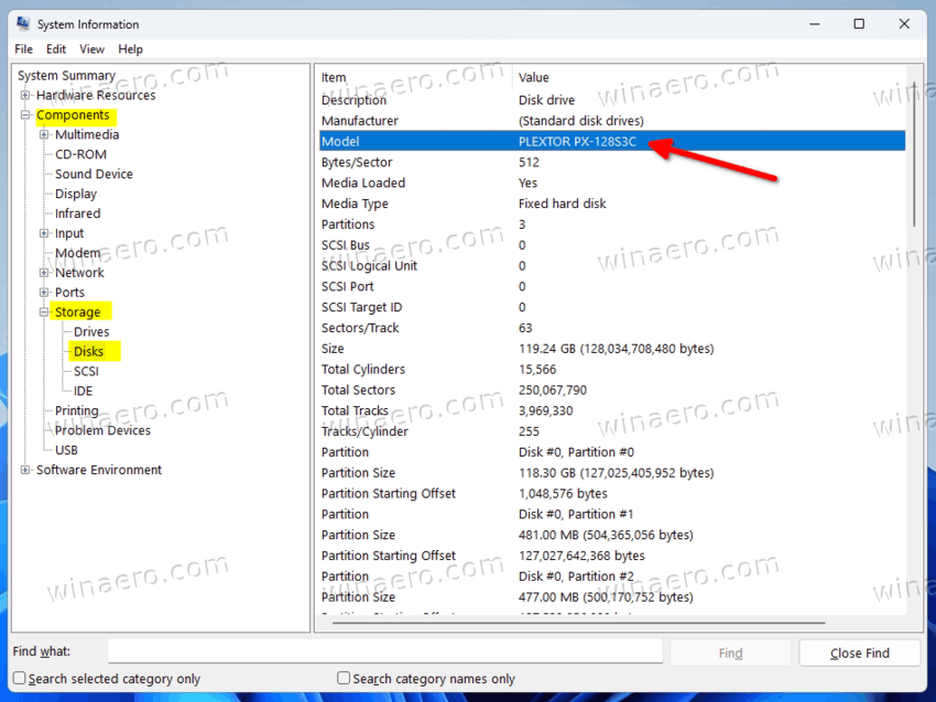 disk model in System Information Tool