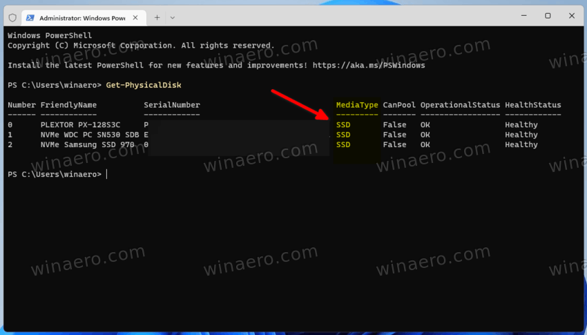 ssd or hdd in Windows 11 PowerShell