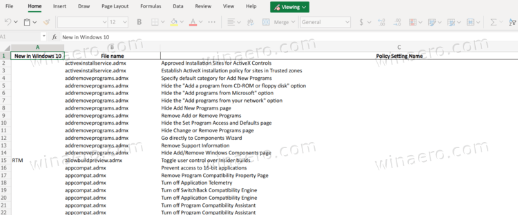 Windows 11 View Group Policy XLSX Spreadsheet Online