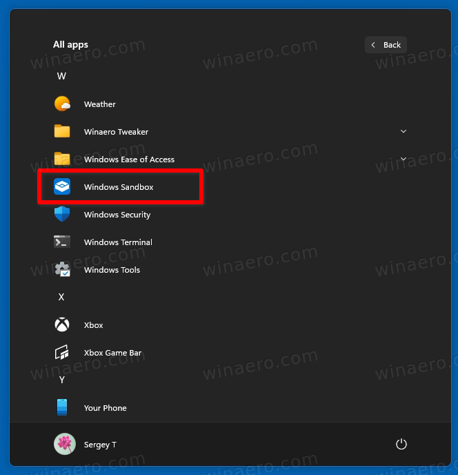 Windows Sandbox In Start Menu