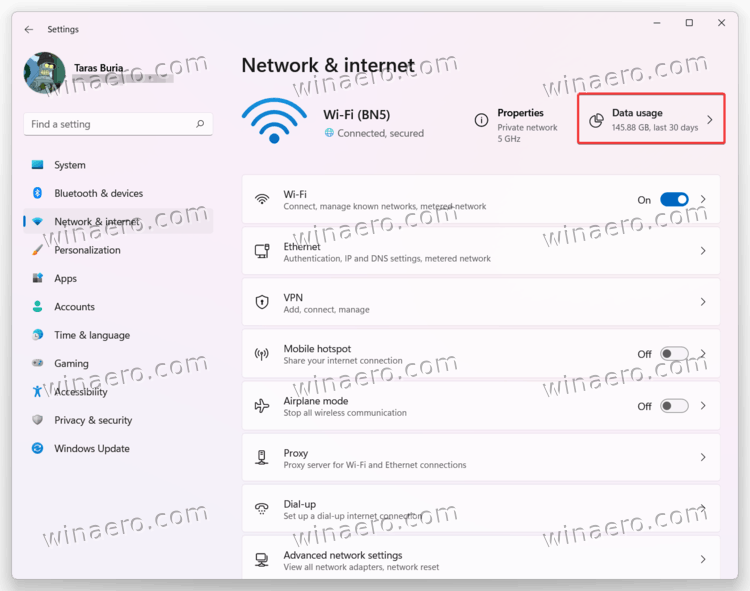 Data usage button in Settings