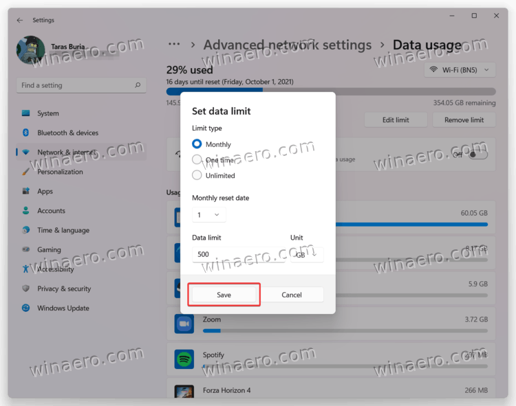 Change Network Data Limit in Windows 11