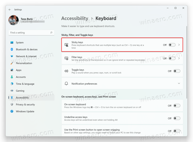Windows 11 Enable or Disable Sticky Keys in Settings